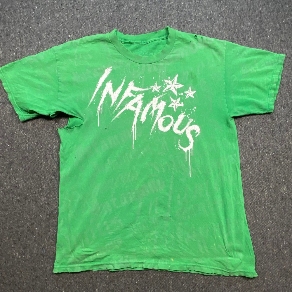 Infamous Thrashed TShirt Large Mens Green Distressed Skater Drip Stars